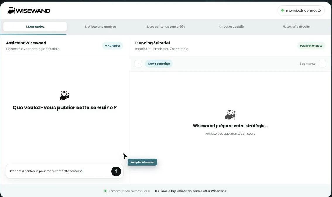 Interface de Wisewand : un assistant à gauche, un planning éditorial à droite, avec les étapes de la demande à la publication.